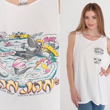 Ron Jon's Surf Shop Shirt 90s Surfer Tank Top Cocoa Beach Florida Graphic Tee Retro Surf Tshirt Single Stitch White Vintage 1990s Mens XL 