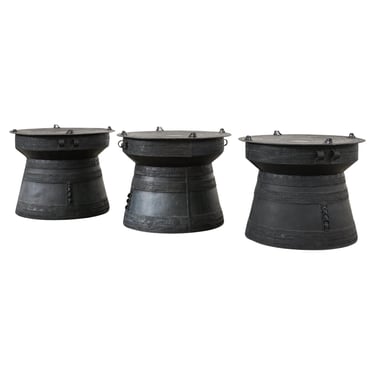 Set of Three Large Thai Metal Rain Drum Drink Tables