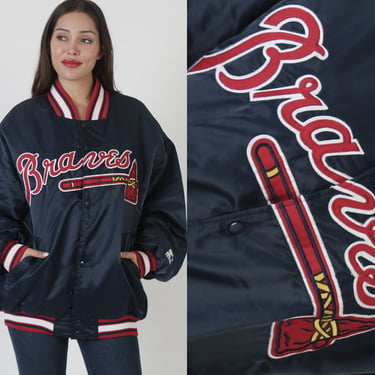 90s Atlanta Braves Satin Starter Jacket, Diamond Collection MLB Baseball Bomber, Mens Snap Up, Size XXL 