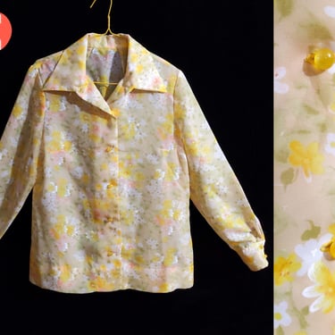 Pretty Vintage 60s 70s Pastel Yellow Pink Green Flower Power Semi-Sheer Long Sleeve Collared Blouse 