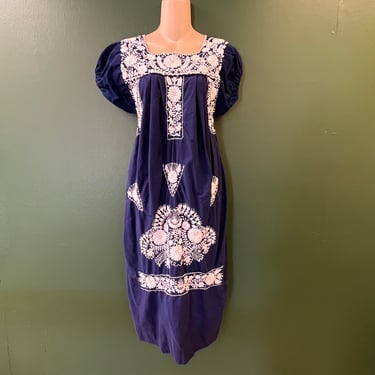 mexican embroidered dress 1970s blue floral embroidery festival tunic small 
