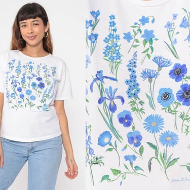 90s Floral T Shirt Pansy, Crocus, Lupine, Aster Print Graphic Tee Morning Glory Tshirt Gardening Top Retro Vintage 1990s Cotton Small S 