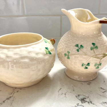 Vintage Belleek from Ireland Sugar and Creamer Four Clover by LeChalet