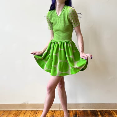 70’s Rudi Gernreich Bright Green Polka Dot Print Mix Mini Fit and Flare Dress