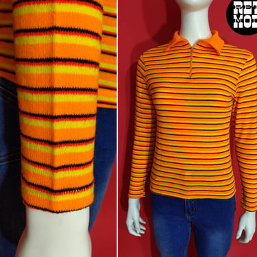 Bright Day Glo Orange Stripe Acrylic Zip Front Long Sleeve Top 