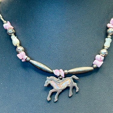 Sterling Silver Horse Pendant Necklace Vintage Mother Of Pearl Purple Shell 