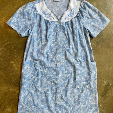 Vintage 1960s/70s Lady Manhattan Nightgown House Dress Caftan Blue and White | Size Medium 