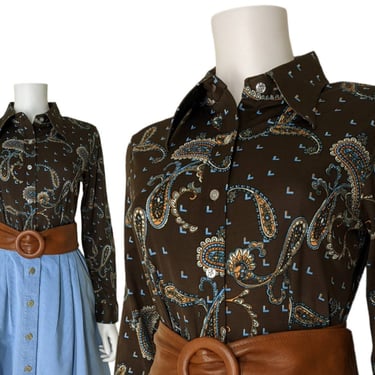 Vintage Paisley Button Blouse, Medium / 1970s Country Western Style Shirt / Brown Polyester Double Knit Disco Era Shirt with Pointy Collar 