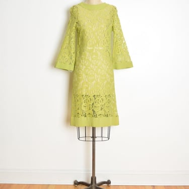 vintage 60s dress lime green lace sheer crochet bell sleeve mod mini dress S clothing 