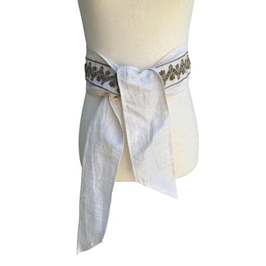 Vintage Womens Silk White Embroidered Metallic Beaded Sash Wrap Belt Tie Obi ML
