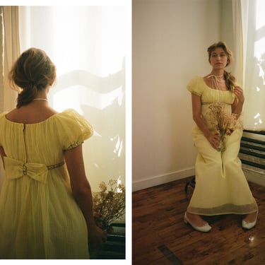 Vintage 1970s 70s Butter Yellow Pinstripe Full Length Gown Dress // Regency Bridgerton Style w/ Puff Sleeves 