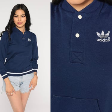 80s Adidas Sweatshirt Navy Blue Pullover Sweatshirt Kangaroo Pocket Snap Up Streetwear Sporty Athleisure Warmup Jogging Vintage 1980s Small 