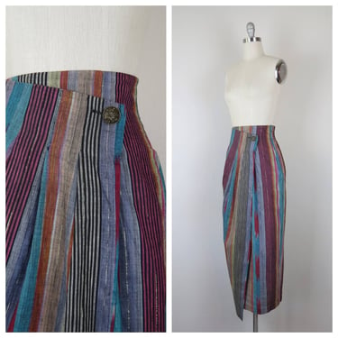 Vintage 1980s, 1990s wrap skirt, India cotton, ikat, avant garde, stripes 