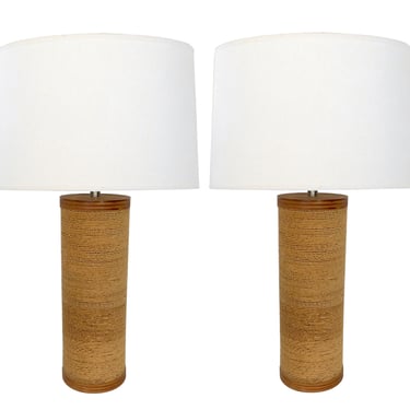 Unique Pair of Gregory Van Pelt for Raymor 1970's Cardboard Lamps with Wooden Caps and Bases