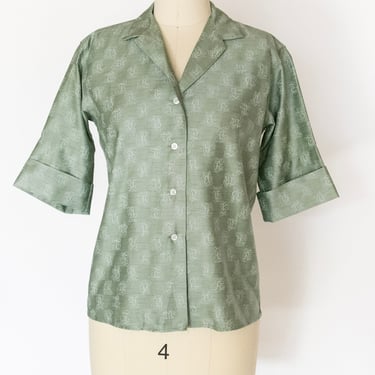 1960s Blouse Cotton Green Top M 
