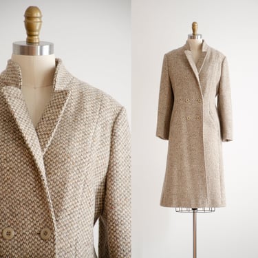 brown wool coat 70s 80s vintage tan gray cream houndstooth heavy winter coat 