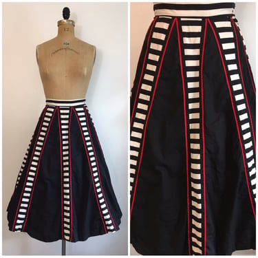 Vintage 1950s Junior House Stripe Skirt 50s A Line Gored Panel Skirt Red White Black 