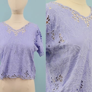 1990s Lavender Eyelet Lace Top, 90s Bali Emerald Design, Boho Hippie, Size Sm/Med by Mo