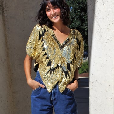 Vintage 1970s Butterfly Disco Top, Cropped, Black Silk, Gold Sequins, One Size 