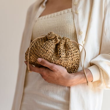 Raffia Pouch Bag, Crochet Raffia Handbag, Short Strap Crossbody, Summer Wrist Bag, Minimal Straw Bag, Mini Bag — The Aster Raffia Pouch 