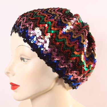 1970s 1980s Black and Multi-Colored Rainbow Sequin Slouchy Hat 