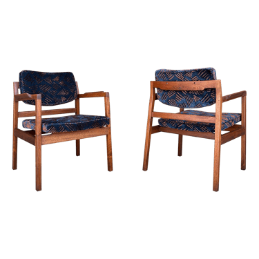 Pair of Walnut Jens Risom Arm Chairs Newly Upholstered in Jack Lenor Larsen Fabric