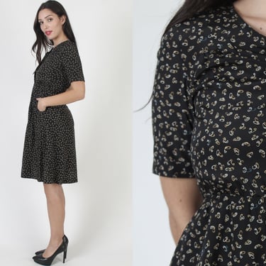 50s 60s Abstract Safety Pin Print Frock, Black Pockets Secretary Mini Dress, Vintage MCM Wear Top Work Outfit 