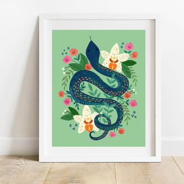 Blue Snake With Orchids Art Print/ 8 X 10 Jungle Animal With Florals Illustration/ Tropical Botanicals Wall Decor/ 