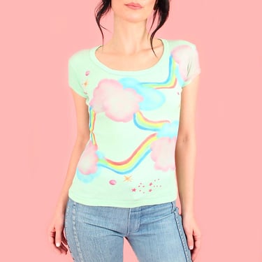 Vintage 70's French Cut T Shirt PoP ArT Rainbows Dreamy Clouds + Stars Airbrushed Handmade Art 1970s Baby Ribbed Top Tee T-shirt Made in LA 