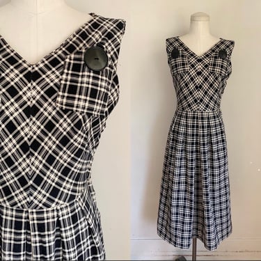 Vintage 1940s Black & White Corduroy Plaid Dress / XS 