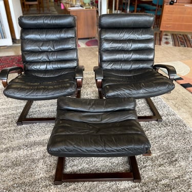 Mid Century Danish Leather and Teak Lounge Arm Chairs with Ottoman