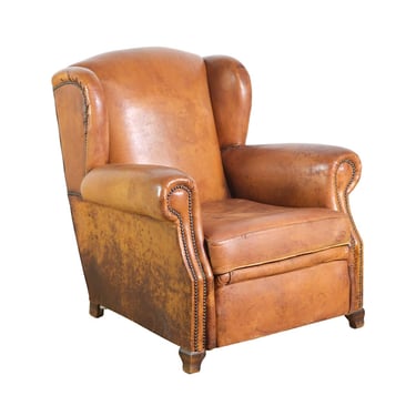 European French Brown Leather Bergere Club Chair