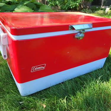 Retro Red and White Metal Coleman Cooler 