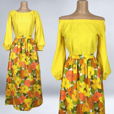 VINTAGE 70s Two Piece Maxi Skirt and Blouse Set Thompson of California Fabric | 1970s Handmade Balloon Sleeve Off Shoulder Top Outfit | VGF 