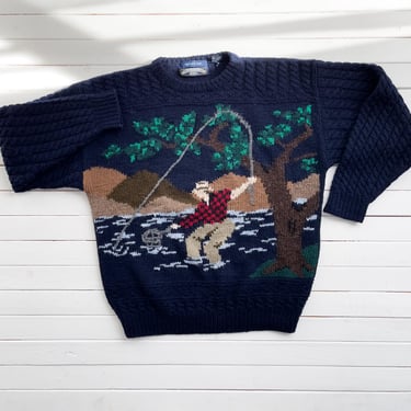 grandpa sweater 80s 90s vintage Thornton Bay navy blue wool fly fishing fisherman sweater 