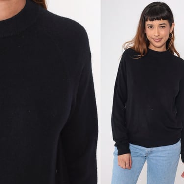 Solid Black Sweater 00s Knit Pullover Sweater Raglan Sleeve Retro Basic Plain Jumper Acrylic Vintage y2k Large 