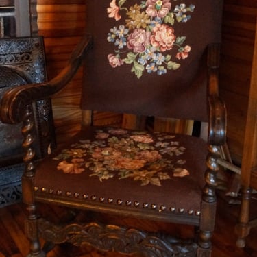 Carved Wood Armchair w Needlepoint Cushion
