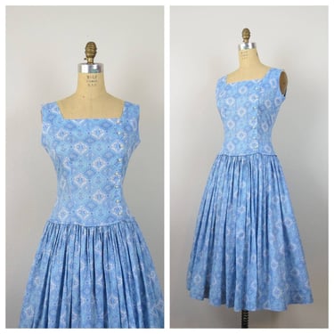 Vintage 1950s dress, cotton, fit and flare, Jerry Gilden, sundress, medium 