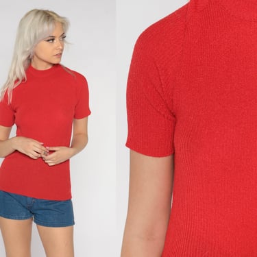 Red Knit Shirt 70s Sweater Top Retro Boho Mock Neck Ribbed Blouse Plain Basic Hipster Minimalist Seventies Vintage 1970s Small Medium 