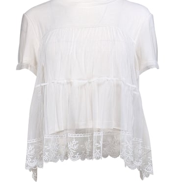 Alice & Olivia - Ivory Mesh Overlay Short Sleeve Top Sz L