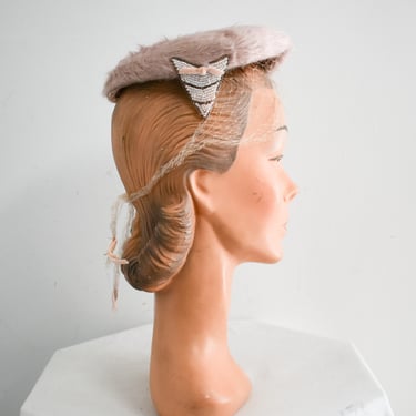 1950s Pale Pink Fur Felt Hat with Beaded Accents 