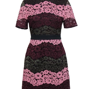 Ted Baker - Pink, Maroon & Green Lace Striped A-Line Dress Sz 6