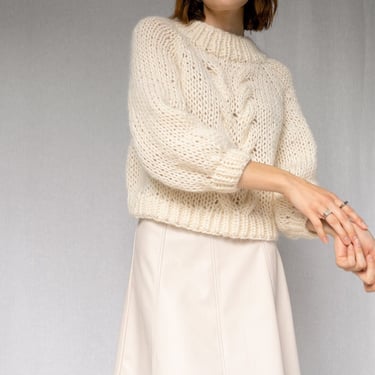 Chunky Braid Sweater — Hand Knit Mohair Cropped Pullover, Luxurious Oversized Cable Knit Sweater, Off White Jumper, Boxy Fit Raglan 