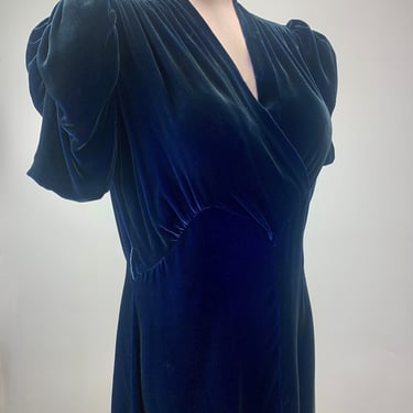 1930'S Silk Velvet Dress - Deep V Neckline - Blueish Purple Velvet - Puffy Sleeve Detail - Size Medium to Large 