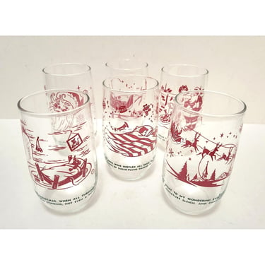 1950s Vintage Twas the Night Before Christmas Glasses, Set 6 Sealtest Cottage Cheese Promo Giveaway, Mid Century Xmas Story Drinking Glass 