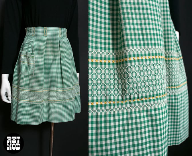 Sweet Vintage 50s 60s Green White Gingham Plaid Cotton Half Apron with Embroidery & Pocket 