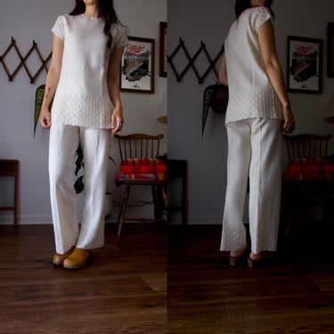 Vintage 60's Handmade Knitted White Two-Piece Tunic Top Flared Pant Set 