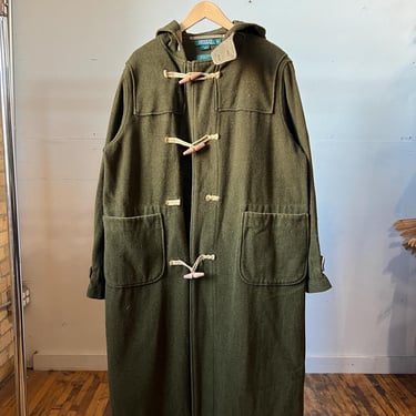 L XL, Vintage 1990s Green Ralph Lauren Polo Woolen Hooded Toggle Trench Coat, As Is 