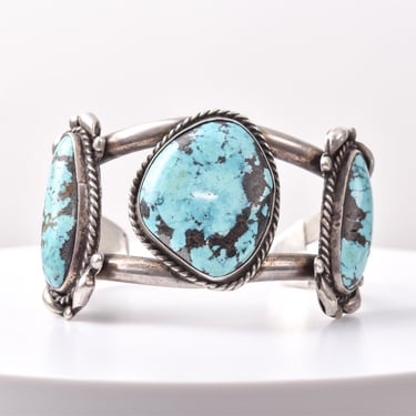Native American Three Stone Turquoise Cuff Bracelet, Stamped Sterling Silver Cuff, 5.25