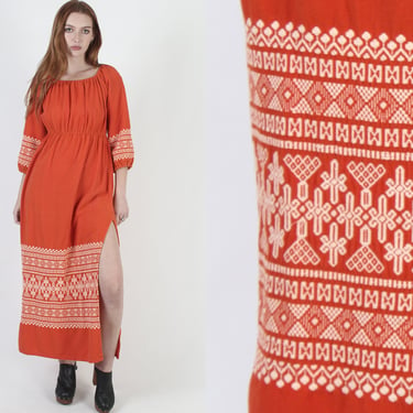 Orange Guatemalan Aztec Print Dress / Off The Shoulder Dress From Guatemala / Ethnic Diamond Embroidered Mexican Woven Maxi Dress 